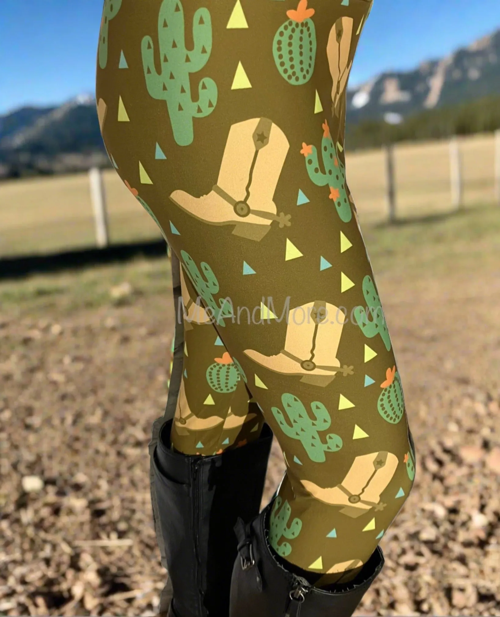 Womens Western Leggings, Cowgirl Boot Cactus Leggings, Soft Yoga Pants, Sizes 0-22, Yoga Waist, Brown/Green, Exclusive Leggings